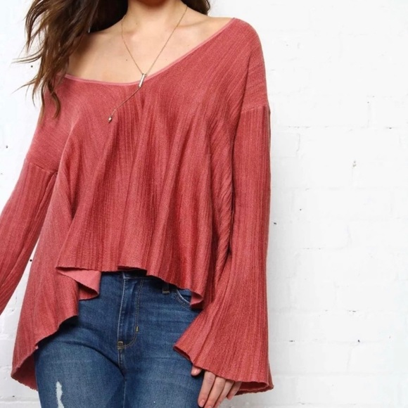 Free People Sundae Rose Linen Blend V-Neck Bell Sleeve Pullover Sweater Size XS - Picture 2 of 12